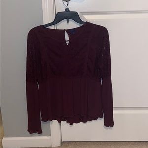 Burgundy lace long sleeve peasant top.